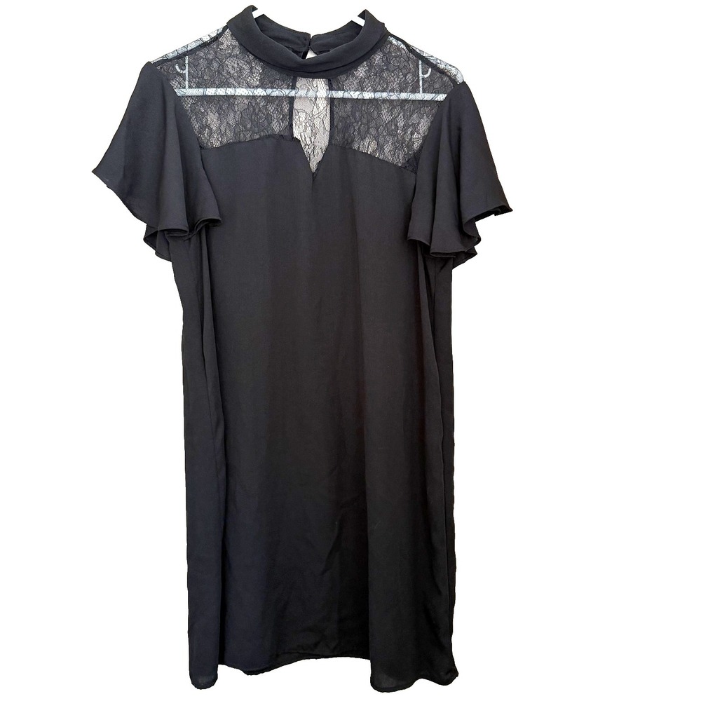 Zara Black Lace Yoke Shift Mini Dress M Flutter Slv Dark Academia Coquette Goth